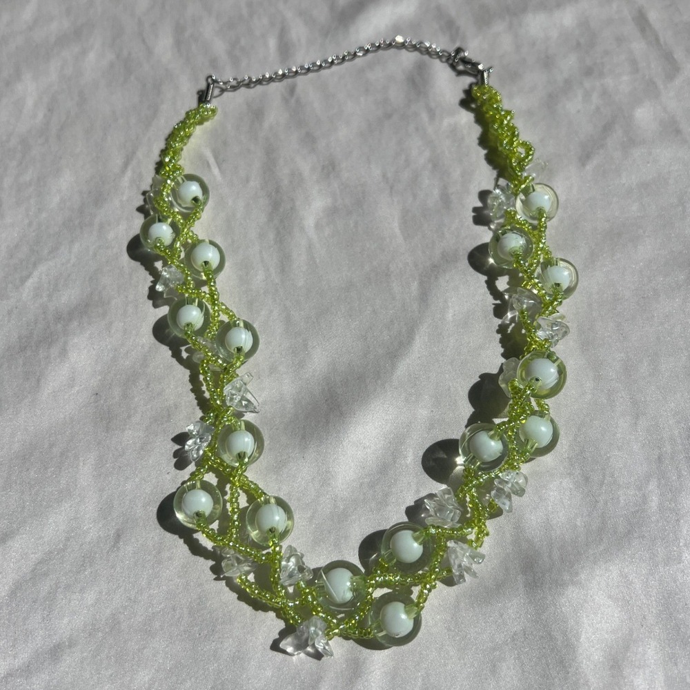 Lime Green Glass Bead Butterfly Beaded Choker Necklace OS Fairycore Y2K Earthy